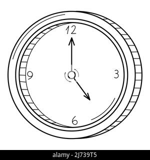Mechanical analog round wall clock with hands. Linear icon. Hand-drawn black and white vector illustration. Isolated on a white background. Stock Vector