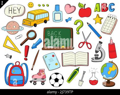 Set of doodle outline icons back to school. School items, supplies, stationery, Hand-drawn black and white vector illustration. Design elements are is Stock Vector