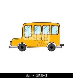 Doodle-style school bus. Hand-drawn Colorful white vector illustration. Design elements are isolated on a white background. Stock Vector