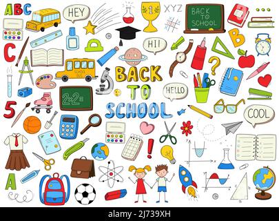 Set of doodle outline icons back to school. School items, supplies, stationery, Hand-drawn black and white vector illustration. Design elements are is Stock Vector