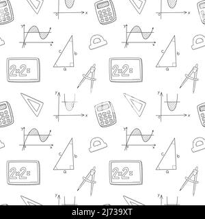 A simple seamless school pattern with blackboard, graph, triangle, compass, calculator. Mathematics, science. Black and white background with isolated Stock Vector