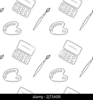 School simple seamless pattern with a palette, paints and a paint brush. Art, drawing. Black and white background with isolated hand-drawn doodle outl Stock Vector