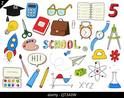 Set of doodle outline icons back to school. School items, supplies, stationery, Hand-drawn black and white vector illustration. Design elements are is Stock Vector