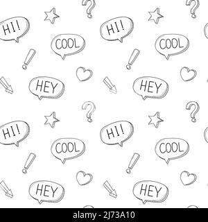 A simple seamless school pattern with speech bubbles, punctuation marks, an arrow, a heart. Black and white background with isolated hand-drawn doodle Stock Vector