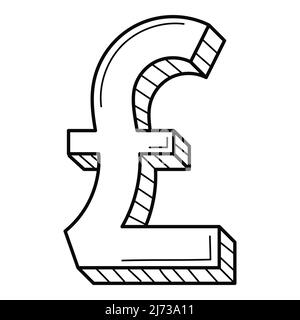 Three-dimensional symbol of the pound sterling. The British currency. Linear icon, sign. Hand-drawn black and white vector illustration. Isolated on a Stock Vector