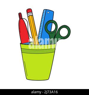 Pencil holder with a ruler, scissors, pen, pencil. Doodle style. Hand-drawn Colorful vector illustration. The design elements are isolated on a white Stock Vector