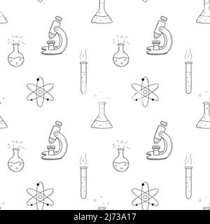 Seamless pattern with chemical objects, test tube, flask, beaker, microscope, atom. Hand-drawn outline elements. Monochrome design. Black and white ve Stock Vector