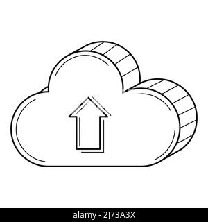 A three-dimensional cloud with an up arrow. The file upload symbol. Cloud file storage. Hand-drawn black and white vector illustration. Isolated on a Stock Vector