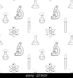 School simple seamless pattern with a flask, beaker, test tube, microscope, model of atom. Chemistry, science. Black and white background with isolate Stock Vector
