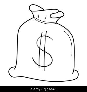 A closed bag of money with a dollar sign. Bank collection, a symbol of wealth, income, prosperity. Linear icon. Hand-drawn black and white vector illu Stock Vector