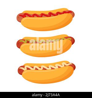 Hot dog with sausage and various sauces, mayonnaise, ketchup, mustard. Sausage in a bun. Fast street food, snack. Fatty, high-calorie food.Flat cartoo Stock Vector