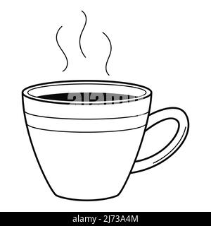 A cup of coffee or tea with steam. A hot drink. Linear icon. Hand-drawn black and white vector illustration. Isolated on a white background. Stock Vector