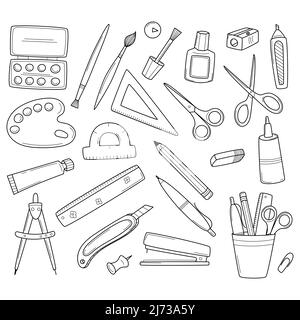 A set of school stationery and office supplies. Doodle icon set. Hand-drawn decorative elements. Black and white outline vector illustration. Isolated Stock Vector