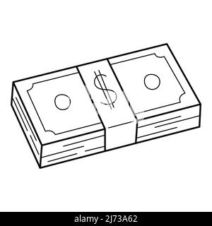 A stack of paper banknotes. A bundle of dollar bills. A symbol of money accumulation, wealth, a bribe. Linear icon. Hand-drawn black and white vector Stock Vector