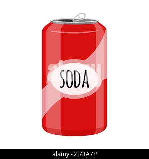 An open red soda can. Sweet soda, fast food, drink, harmful to teeth. Flat cartoon style, isolated on a white background.Color vector illustration. Stock Vector