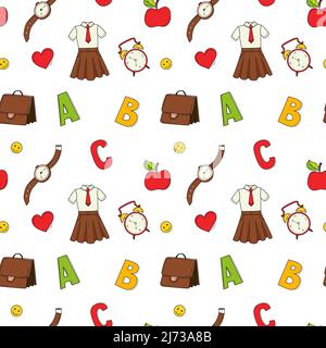 A simple seamless school pattern with a school uniform, an alarm clock, the letters ABC, a briefcase, an apple. Background with isolated hand-drawn co Stock Vector
