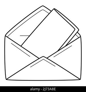An open paper envelope with a letter. Mail correspondence, message. Linear icon. Hand-drawn black and white vector illustration. Isolated on a white b Stock Vector