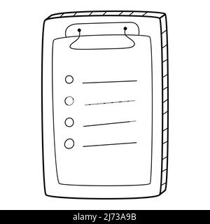 Questionnaire, checklist, to-do list, questionnaire, voting form. A tablet with an attached sheet. Hand-drawn black and white vector illustration. Iso Stock Vector