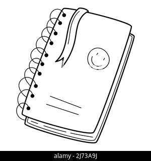 A cute notebook with a spring, stickers and a bookmark. Doodle style. Hand-drawn black and white vector illustration. The design elements are isolated Stock Vector