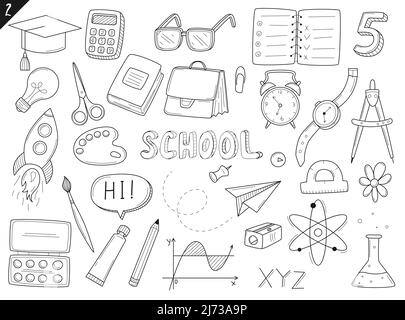 Set of doodle outline icons back to school. School items, supplies, stationery, Hand-drawn black and white vector illustration. Design elements are is Stock Vector