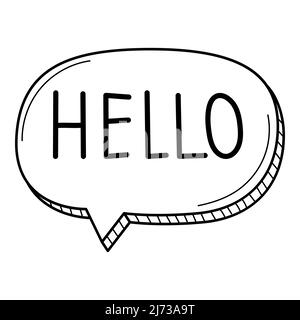 A speech bubble with the word Hello in the doodle style. Hand-drawn black and white vector illustration. Design elements are isolated on a white backg Stock Vector