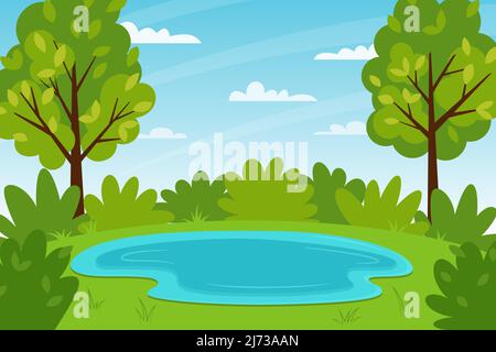 Horizontal summer forest landscape. A forest with trees, bushes, and a lake. Clear weather. Color vector illustration. Nature background with empty sp Stock Vector