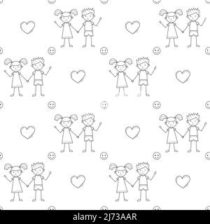 A simple seamless school pattern with cute kids drawn in a childish style, a heart and a smiley face. Black and white background with isolated hand-dr Stock Vector