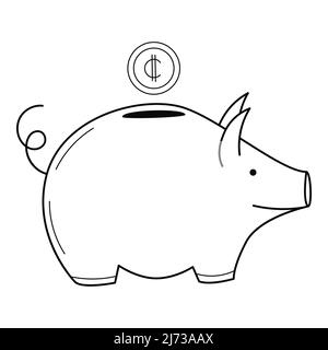 Piggy bank with a coin. A symbol of accumulation, saving money. Hand-drawn black and white vector illustration. Isolated on a white background. Stock Vector