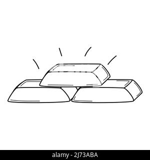 Three bars of gold, precious metals. Hand-drawn black and white vector illustration. Isolated on a white background. Stock Vector