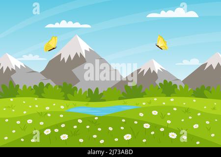 Summer nature landscape. Mountain lake, glade with daisies,field with flowers, mountains, flying butterflies. Clear weather. Horizontal color vector i Stock Vector