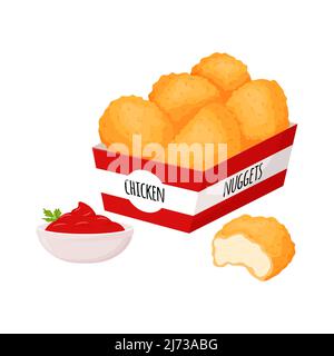 Chicken nuggets in a box and a bowl with ketchup sauce and herbs. Fast food, snacks, meat food. Fatty, high-calorie food. Flat cartoon style, isolated Stock Vector