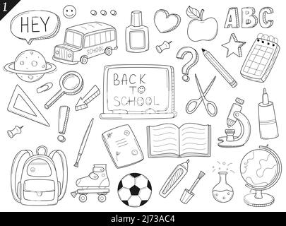 Set of doodle outline icons back to school. School items, supplies, stationery, Hand-drawn black and white vector illustration. Design elements are is Stock Vector