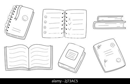 A set of books, school exercise books, notebooks on a spring. Doodle style. Hand-drawn black and white outline vector illustration. Isolated on a whit Stock Vector