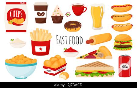 Fast food collection. A set of fatty, high-calorie, harmful food. Hamburger, hot dog, chips, French fries, chicken nuggets, pizza, chips . Flat cartoo Stock Vector