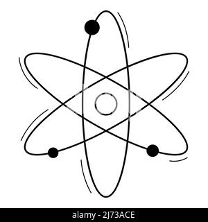 The symbol of the atom. Doodle outline style. A chemical sign. Hand-drawn black and white vector illustration. The design elements are isolated on a w Stock Vector