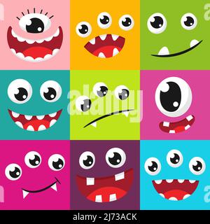 Cute monster faces with eyes, fangs. Cartoon, kind, smiling, expressive, funny facial expressions. Color, bright, vector flat illustration for childre Stock Vector