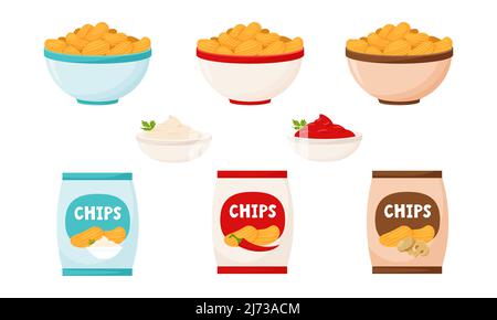 A set with chips in a package and in a bowl. Chips with sour cream, mushrooms and chili pepper. Fast food. Fatty, high-calorie food. Flat cartoon styl Stock Vector