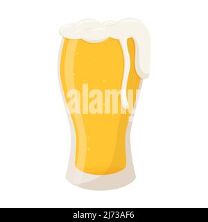 A clear glass glass full of light yellow beer. A low-alcohol drink. Flat cartoon style, isolated on a white background.Color vector illustration. Stock Vector