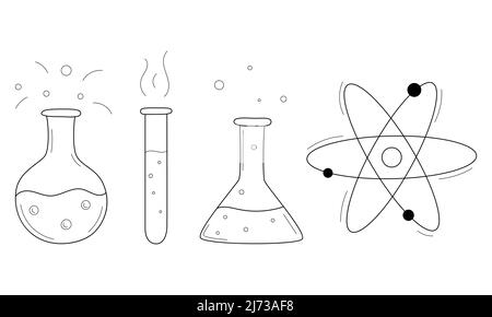 A set of doodle icons with flasks, test tubes, beakers. Inventory, for analysis and chemical research. Hand-drawn decorative elements. Black and white Stock Vector