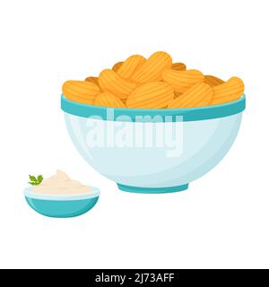 A blue bowl with potato chips and white sour cream sauce with herbs. Fast food, snack, bad for teeth. Fatty, high-calorie food. Flat cartoon style, is Stock Vector
