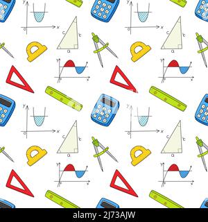 Seamless pattern with mathematical objects, graphs, triangle, Pythagorean theorem, calculator, rulers, compasses . Hand-drawn color fill elements. Stock Vector