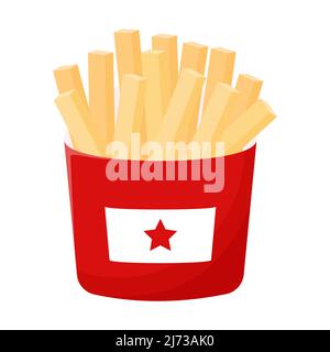 Fried French fries in a red paper box. Street fast food. Fat, high-calorie food. Flat cartoon style, isolated on a white background.Color vector illus Stock Vector