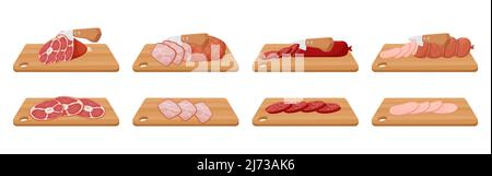 Slicing pork knuckle, boiled and smoked sausage, boiled pork. A knife cuts meat on a wooden cutting board. Sliced pieces of meat and sausage. Flat car Stock Vector