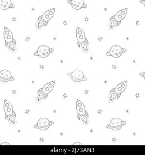 A simple cute seamless pattern with a spaceship, rocket, planet Saturn. Black and white background with isolated hand-drawn doodle outline elements. V Stock Vector