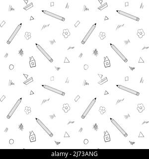 A simple school seamless pattern with a pencil, handwriting, house, flower drawn in a childish style. Black and white background with isolated hand-dr Stock Vector