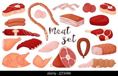 A set of raw meat food. Meat, chicken, lard, sausages. A collection of decorative elements in a flat cartoon style. Vector illustration isolated on a Stock Vector