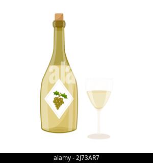 A bottle of white wine with a cork and a filled transparent glass. A bottle with a label and green grapes on it. Flat cartoon style, isolated on a whi Stock Vector