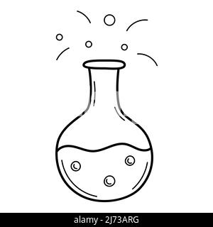 A round test tube with a liquid. Chemical equipment. Doodle outline style. Hand-drawn black and white vector illustration. The design elements are iso Stock Vector