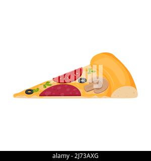 A slice of pizza with sausage, salami, mushrooms, cheese, herbs, pepperoni, tomato and olives. Fast food, snacks. Flat cartoon style, isolated on a wh Stock Vector