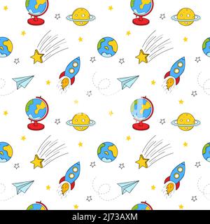 Seamless pattern with space objects, rocket, plane, air trail, planet, earth, saturn,comet, globe. Hand-drawn color fill elements. Colorful vector ill Stock Vector